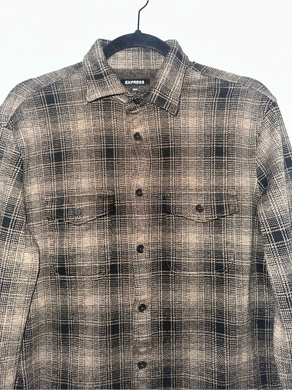 Express Men’s Black & Gray Plaid Button-Up Shirt - Picture 2 of 4